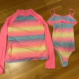 Like New Excellent Condition Lands End Bathing Suit 14 Matching Rash Guard XL